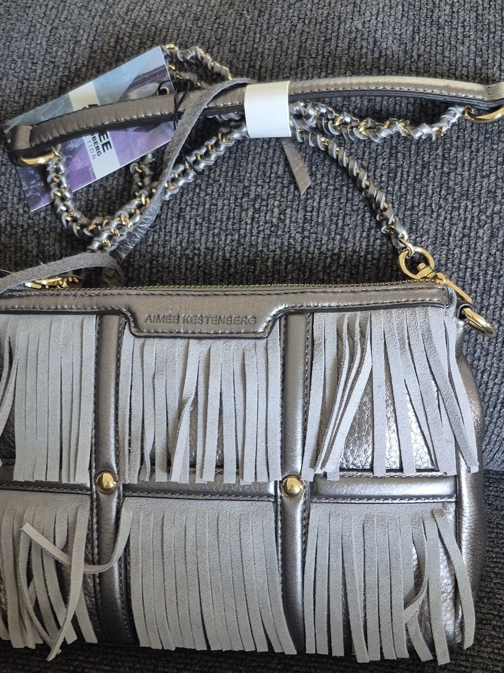 Aimee Kestenberg Silver Metallic Fringe Crossbody with Chain Strap